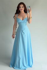 Charming Dusty Blue Sweetheart Spaghetti-Straps Sleeveless Satin Prom Dresses Sheath With Lace-Up Back