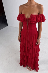 Dazzling Burgundy Off The Shoulder Chiffon Prom Dresses High Split With Pleats