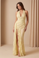 Graceful Daffodil Halter Sleeveless V-Neck Mermaid Prom Dresses Side Split With Pleats