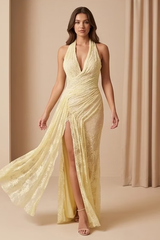 Graceful Daffodil Halter Sleeveless V-Neck Mermaid Prom Dresses Side Split With Pleats