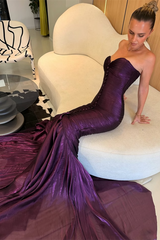 Luxurious Grape Sweetheart Strapless Sleeveless Mermaid Prom Dresses Sheath With Pleats