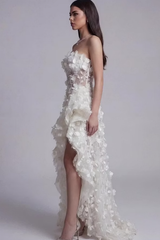 Unique Strapless Sleeveless Hi-Lo Prom Dresses Floor Length With Zipper