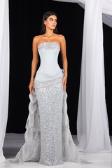 Dazzling Silver Strapless Sleeveless Mermaid Prom Dresses Column Pleats With Lace-Up Back