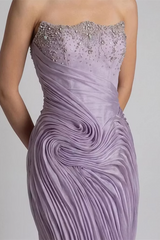 Charming Lilac Strapless Sleeveless Mermaid Prom Dresses Gem Sheath With Zipper Pleats