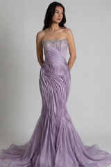 Charming Lilac Strapless Sleeveless Mermaid Prom Dresses Gem Sheath With Zipper Pleats