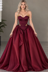 Glamorous Burgundy Sweetheart Strapless Sleeveless Satin Prom Dresses A-Line With Pleats Zipper