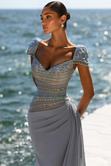 Graceful Dusty Blue Short Sleeves Mermaid Satin Prom Dresses Beading With Pleats