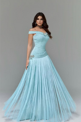 Timeless Blue Off The Shoulder Mermaid Prom Dresses Floor Length With Tassel