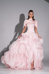 Luxurious Pink High Collar Prom Dresses Floor Length With Pleats