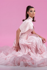 Luxurious Pink High Collar Prom Dresses Floor Length With Pleats