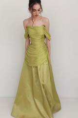 Charming Sage Off The Shoulder Prom Dresses Floor Length With Pleats