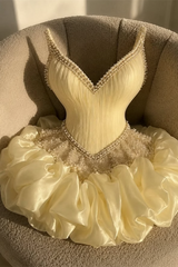 Charming Daffodil V-Neck Straps Sleeveless Homecoming Dresses Mini With Pearl Pleats