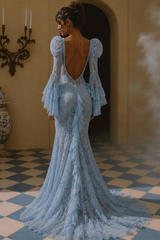 Elegant Sky Blue Long Sleeves Mermaid Lace Prom Dresses Sheath Backless With Pleats