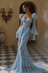 Elegant Sky Blue Long Sleeves Mermaid Lace Prom Dresses Sheath Backless With Pleats