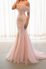 Unique Pink Off The Shoulder Mermaid Satin Tulle Prom Dresses Column Beading With Pleats