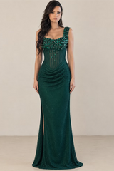 Dazzling Dark Green Straps Sleeveless Mermaid Prom Dresses Side Split Gem With Zipper