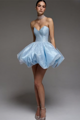 Elegant Sky Blue Sweetheart Strapless Sleeveless Homecoming Dresses Mini With Pleats
