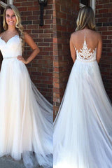 A Line Applique Court Train Sleeveless Tulle Scoop Wedding Dresses-Ballbella