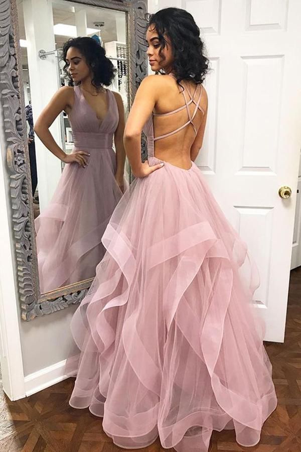 A-Line Chic Pink Halter Ruffle Sleeveless Prom Dresses – Ballbella