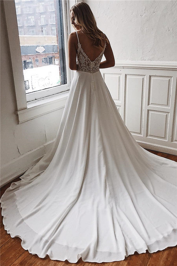A-line Deep V-neck Court Spaghetti Strap Chiffon Crochet Flower Backless Wedding Dress A-line Deep V-neck Court Spaghetti Strap Chiffon Crochet Flower Backless Wedding Dress