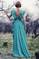 A-line Deep V-neck Floor Length Chiffon Backless Prom Dress-Ballbella