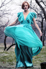 A-line Deep V-neck Floor Length Chiffon Backless Prom Dress-Ballbella