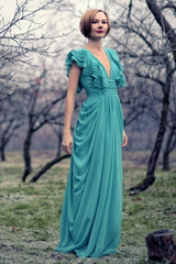 A-line Deep V-neck Floor Length Chiffon Backless Prom Dress-Ballbella