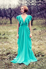 A-line Deep V-neck Floor Length Chiffon Backless Prom Dress-Ballbella