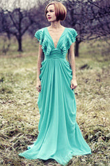 A-line Deep V-neck Floor Length Chiffon Backless Prom Dress-Ballbella