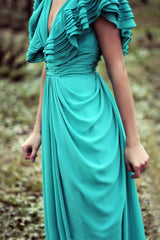 A-line Deep V-neck Floor Length Chiffon Backless Prom Dress-Ballbella