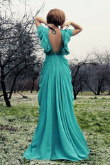 A-line Deep V-neck Floor Length Chiffon Backless Prom Dress-Ballbella