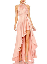 A-Line Halter Asymmetrical Satin Homecoming Dresses With Cascading Ruffles-Ballbella