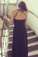 A-line Halter Floor Length Sleeveless Chiffon Rhinestone Evening Dress-Ballbella