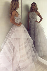 A-line Halter Irregular Hem Floor Length Organza Backless Beading Evening Dress-Ballbella