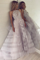 A-line Halter Irregular Hem Floor Length Organza Backless Beading Evening Dress-Ballbella