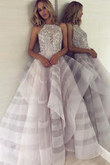A-line Halter Irregular Hem Floor Length Organza Backless Beading Evening Dress-Ballbella
