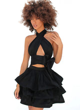 A-Line Halter Sleeveless Satin Homecoming Dresses With Cascading Ruffles-Ballbella