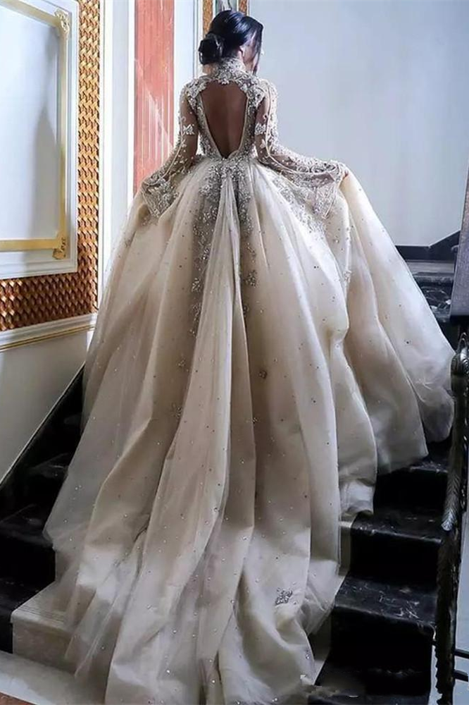 A-line High Collar Long Sleeves Long Train Backless Beaded Wedding Dress A-line High Collar Long Sleeves Long Train Backless Beaded Wedding Dress