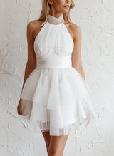 A-Line High Neck Sleeveless Short/Mini Tulle Homecoming Dresses With Ruffle-Ballbella