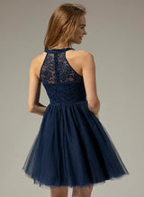 A-Line High Neck Sleeveless Tulle Lace Knee-length Homecoming Dress With Lace Pleated-Ballbella