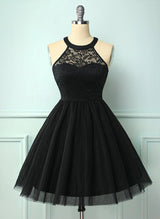 A-Line High Neck Sleeveless Tulle Lace Knee-length Homecoming Dress With Lace Pleated-Ballbella