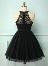 A-Line High Neck Sleeveless Tulle Lace Knee-length Homecoming Dress With Lace Pleated-Ballbella