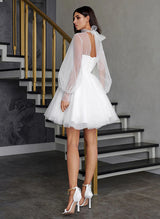 A-Line Illusion Neck Long Sleeves Short/Mini Tulle Homecoming Dresses-Ballbella