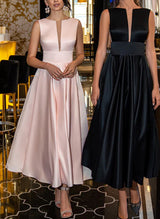 A-Line Illusion Neck Sleeveless Ankle-Length Satin Homecoming Dresses-Ballbella