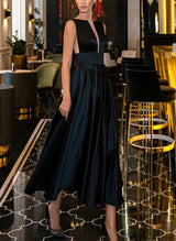 A-Line Illusion Neck Sleeveless Ankle-Length Satin Homecoming Dresses-Ballbella