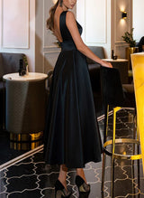 A-Line Illusion Neck Sleeveless Ankle-Length Satin Homecoming Dresses-Ballbella