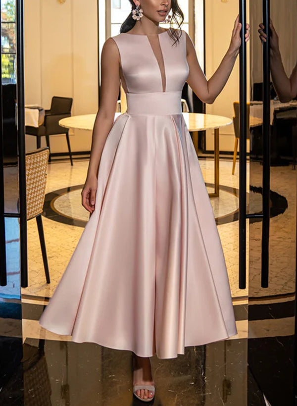 A-Line Illusion Neck Sleeveless Ankle-Length Satin Homecoming Dresses A-Line Illusion Neck Sleeveless Ankle-Length Satin Homecoming Dresses