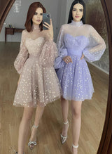 A-Line Illusion Neck Sleeveless Short/Mini Lace Homecoming Dresses-Ballbella