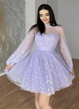 A-Line Illusion Neck Sleeveless Short/Mini Lace Homecoming Dresses-Ballbella