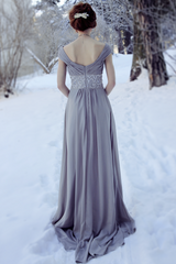 A-line Off-the-shoulder Floor Length Chiffon Beading Evening Dress-Ballbella